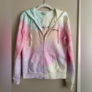 Pink brand cotton zip-up pastel rainbow tie dye hoodie